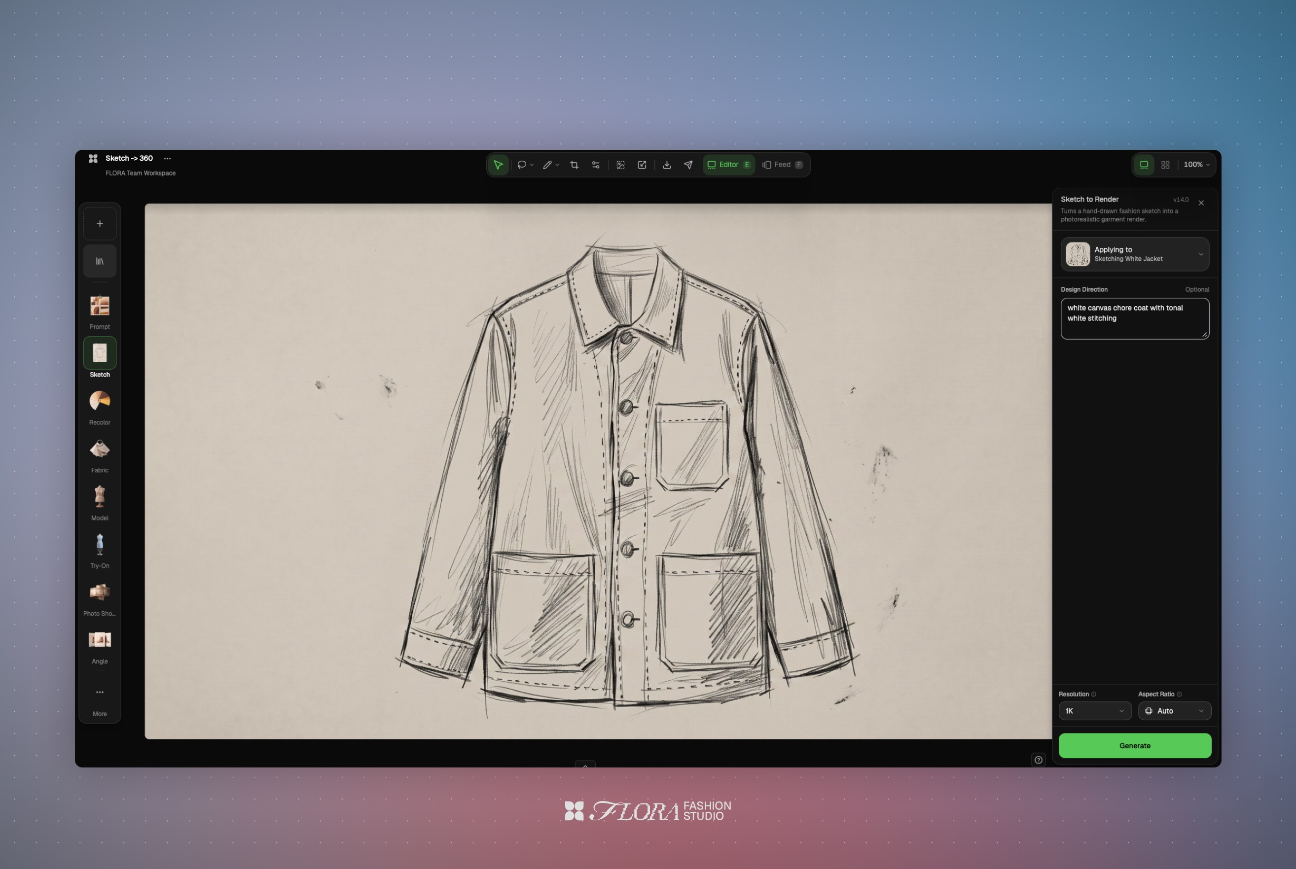 FLORA Fashion Studio running the Sketch to Render Technique, a Fermat alternative for repeatable workflows