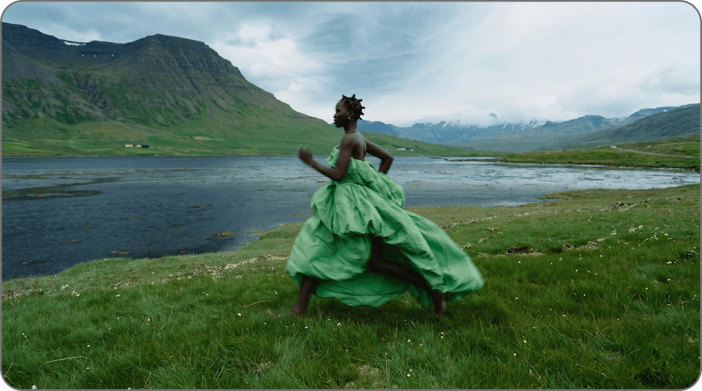 AI generated fashion editorial of a model in a green gown on location, the campaign work beyond a catalog swap, a Botika AI alternative